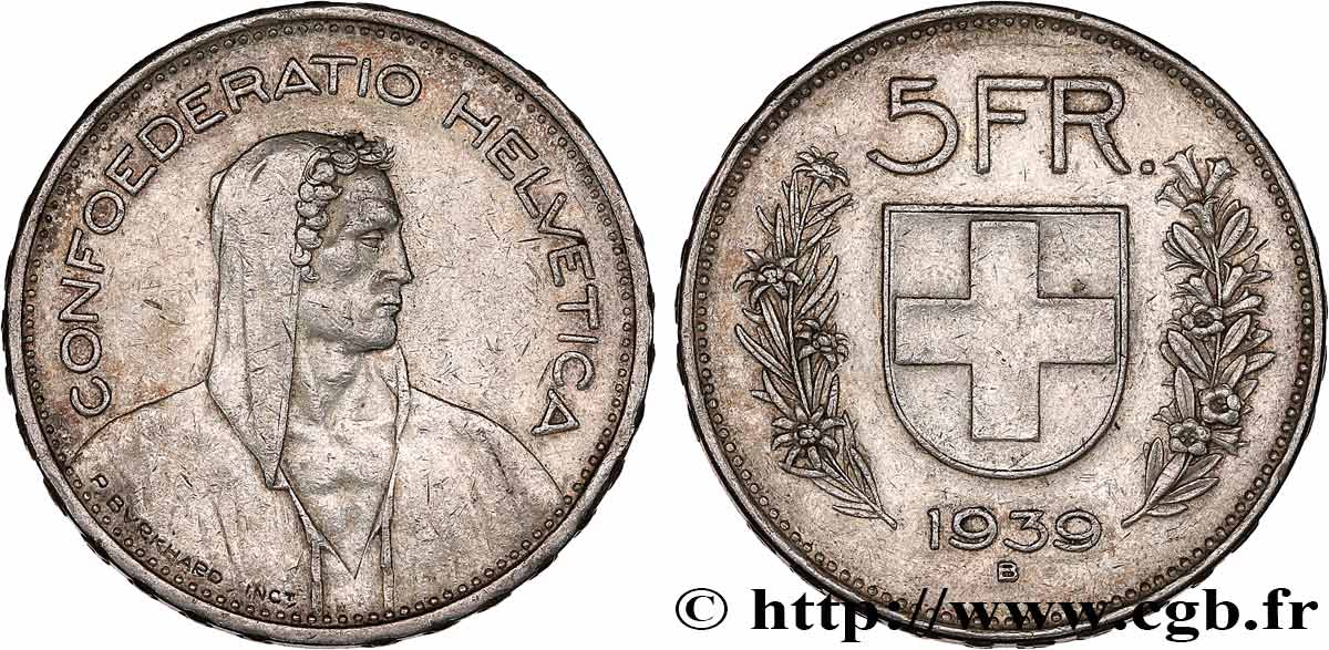 SUISSE 5 Francs Berger des alpes / bouclier suisse 1939 Berne - B TTB 