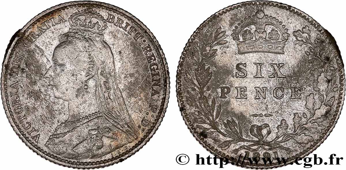 ROYAUME-UNI 6 Pence Victoria buste du Jubilé 1891  TB 