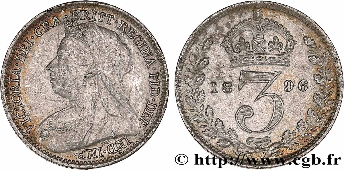 UNITED KINGDOM 3 Pence Victoria “Old Head” 1896  XF 