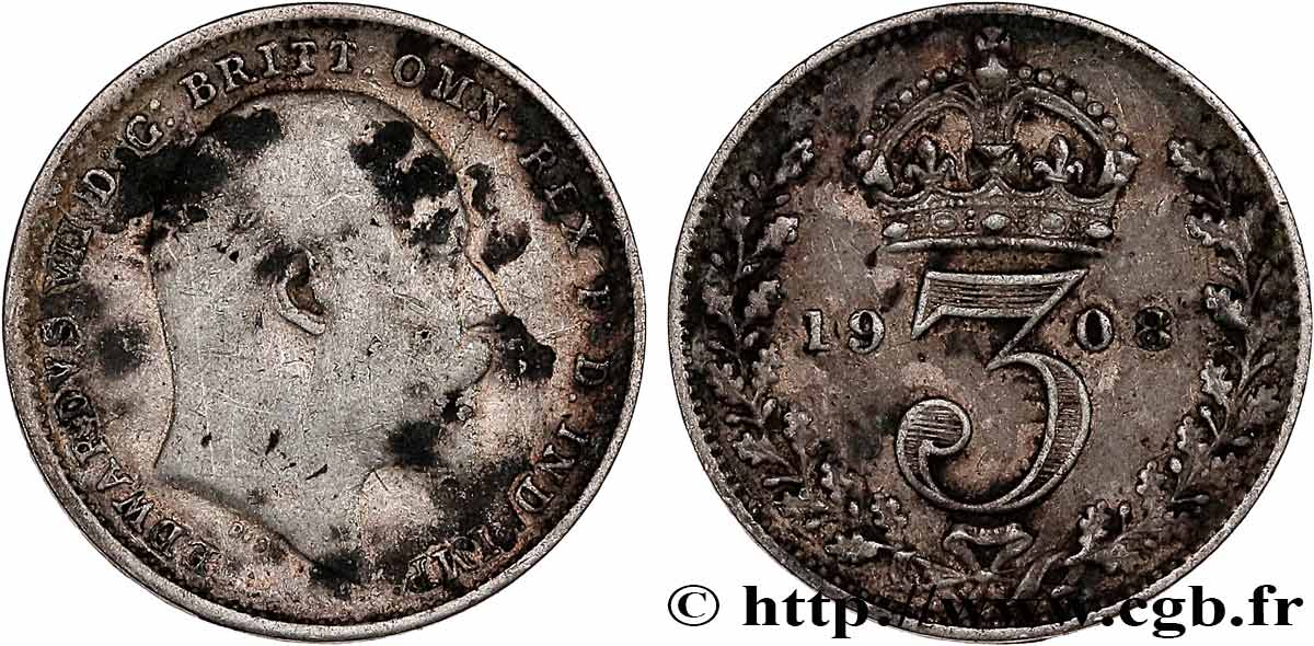 ROYAUME-UNI 3 Pence Édouard VII 1908  TB 