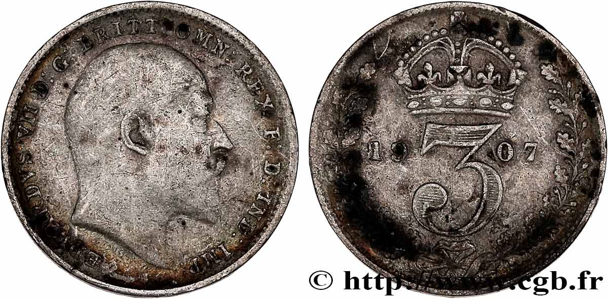 ROYAUME-UNI 3 Pence Edouard VII 1907  TB 