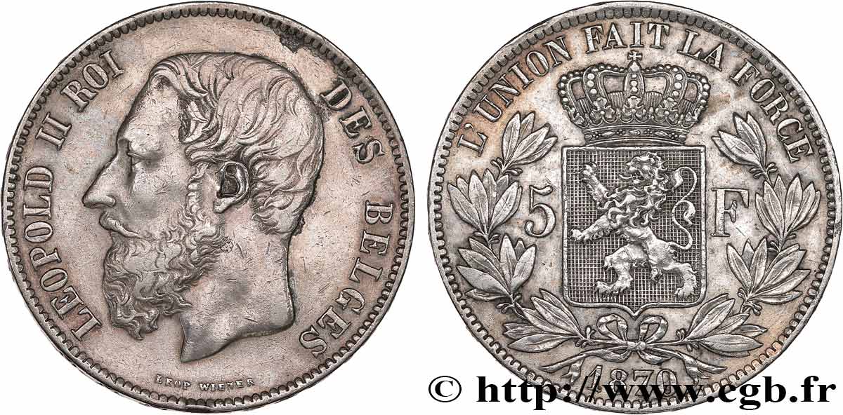 BELGIQUE 5 Francs Léopold II 1870  TB+ 