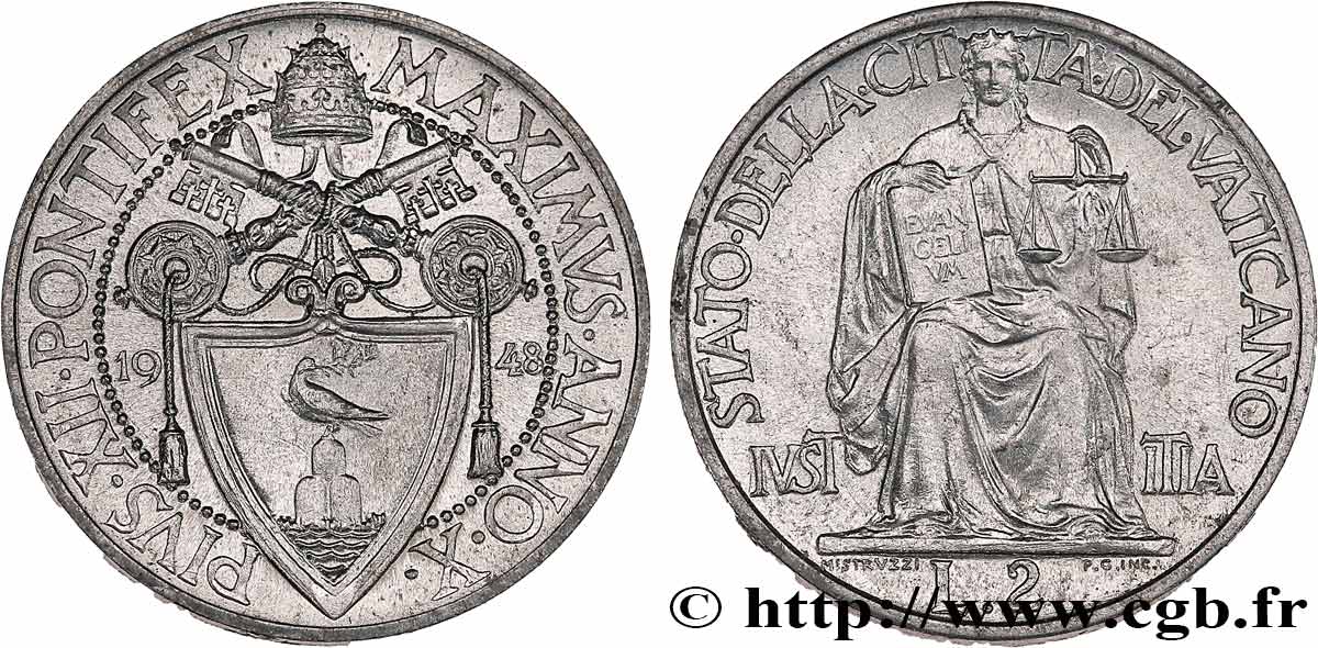 VATICANO E STATO PONTIFICIO 2 Lire armes du Vatican, pontificat de Pie XII an IV / allégorie de la justice 1948  SPL 