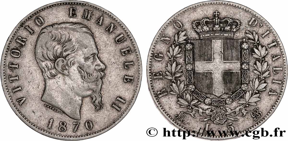ITALY 5 Lire Victor Emmanuel II 1870 Milan VF 
