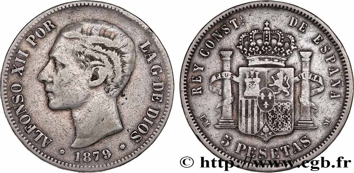 SPAIN 5 Pesetas Alphonse XII 1879 Madrid VF 