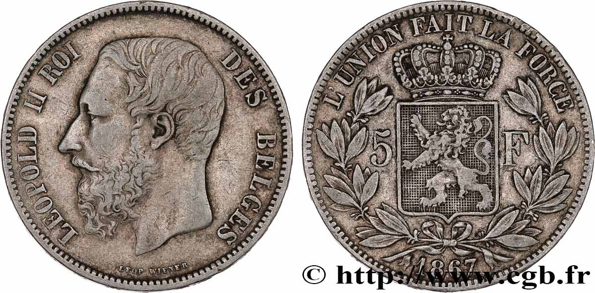 BELGIUM 5 Francs Léopold II 1867  VF 