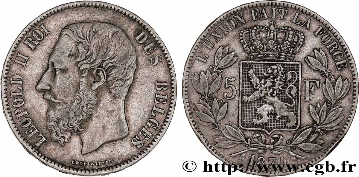 BELGIO 5 Francs Léopold II 1870  BB 