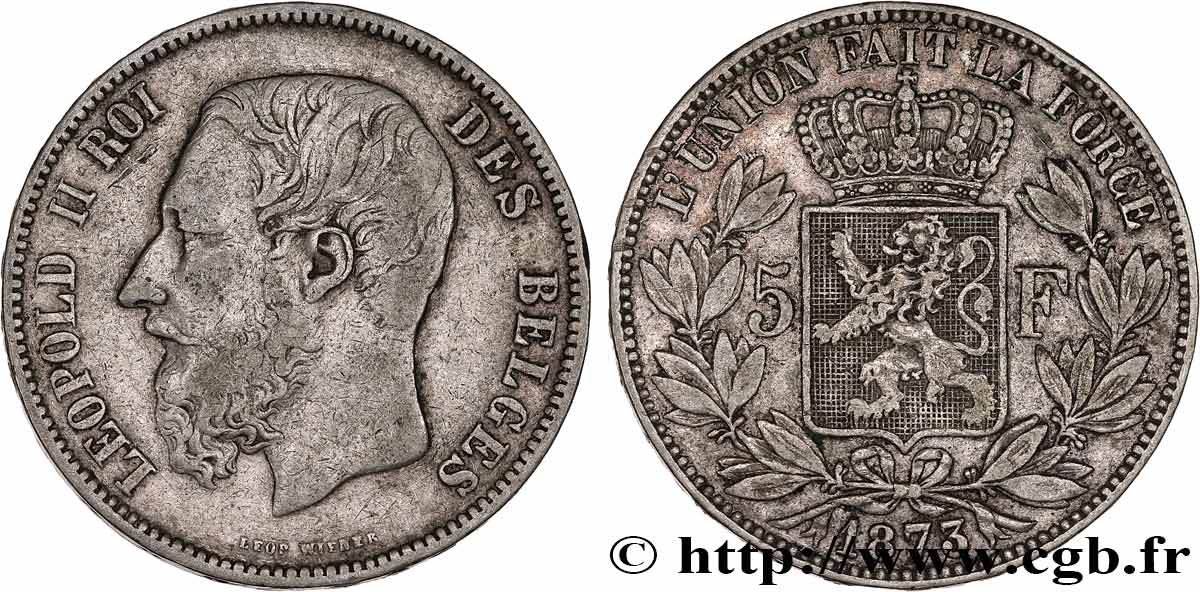 BELGIQUE 5 Francs Léopold II 1873  TTB 