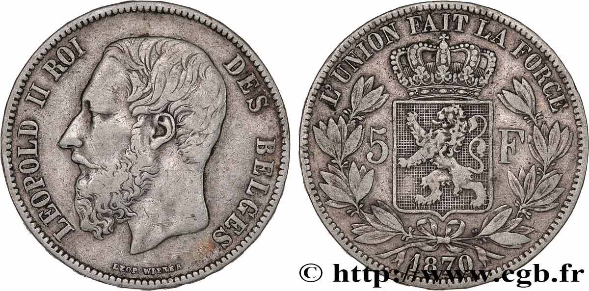 BELGIQUE 5 Francs Léopold II 1870  TTB 