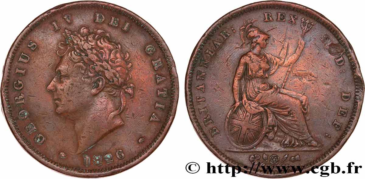 REINO UNIDO 1 Penny Georges IV tête laurée 1826  BC+ 