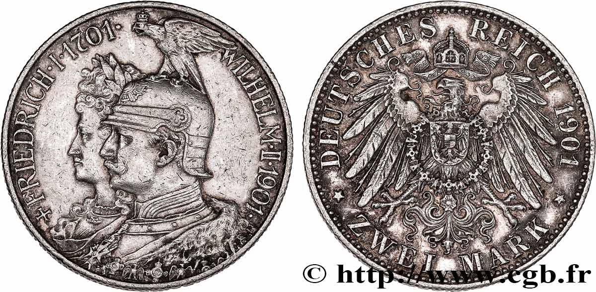 ALLEMAGNE - PRUSSE 2 Mark Guillaume II 200e anniversaire de la Prusse 1901 Berlin TTB+ 