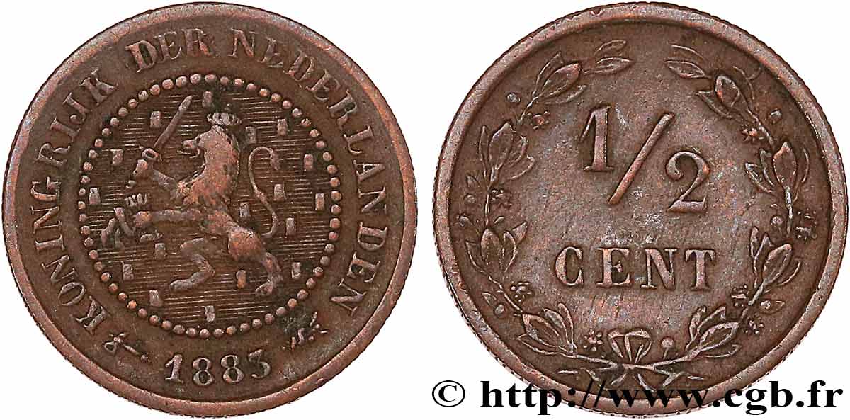 NETHERLANDS 1/2 Cent lion couronné 1883 Utrecht XF 