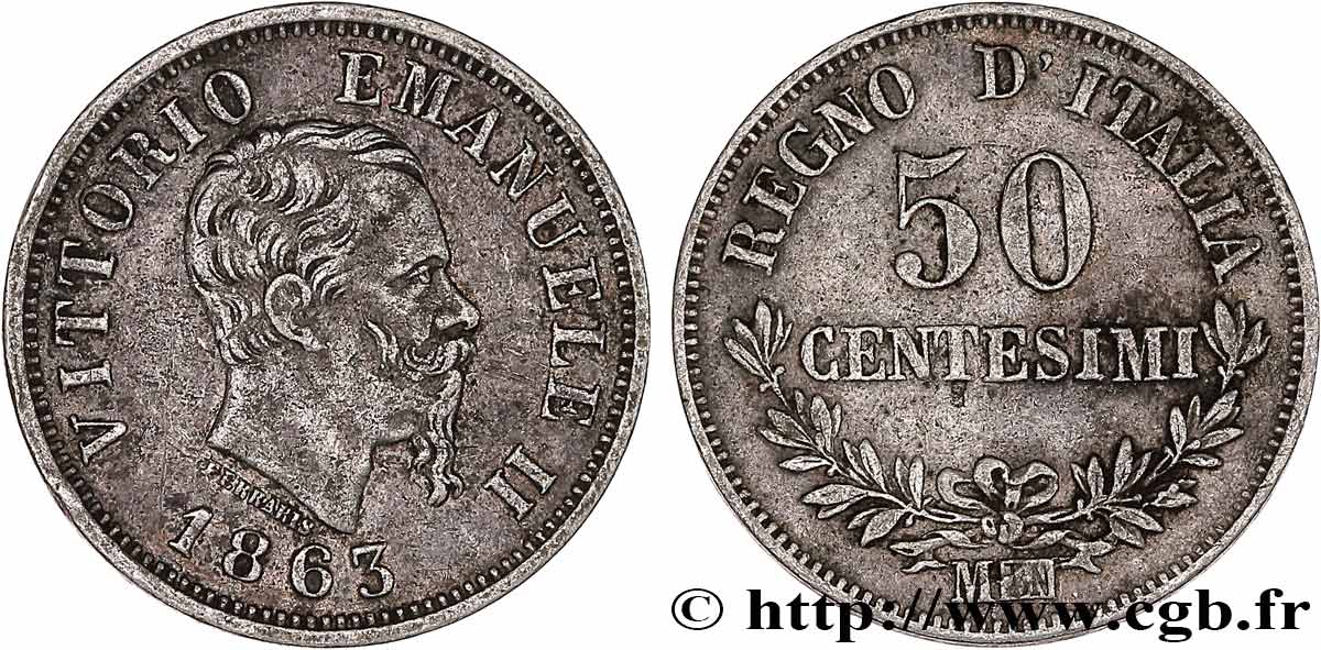 ITALY 50 Centesimi Victor Emmanuel II 1863 Milan XF 