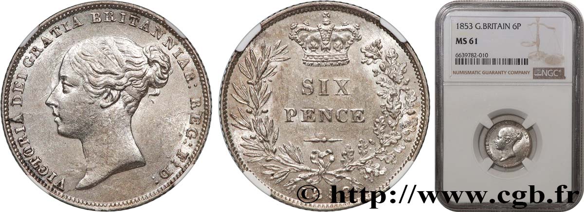 ROYAUME-UNI 6 Pence Victoria tête jeune 1853 Londres SUP61 NGC