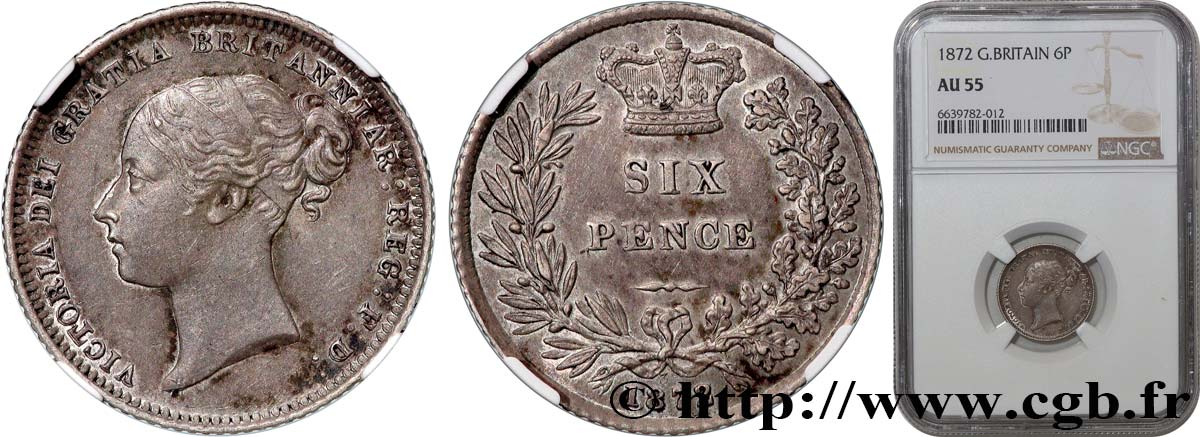 UNITED KINGDOM 6 Pence Victoria 1872  AU55 NGC