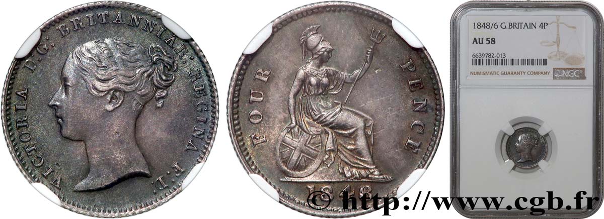 UNITED KINGDOM 4 Pence ou groat Victoria / Britannia assise 1848 Londres AU58 NGC