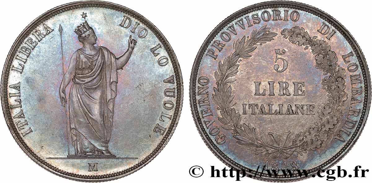 LOMBARDY - PROVISIONAL GOVERNMENT 5 Lire 1848 Milan AU 