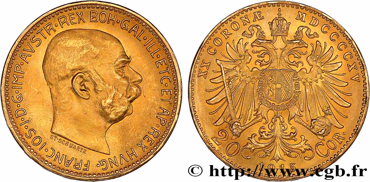 AUSTRIA 20 Corona Empereur François-Joseph 1915 Vienne MS 