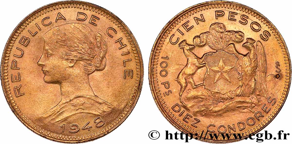 CHILE
 100 Pesos or ou 10 condores en or, 2e type 1948 Santiago EBC 