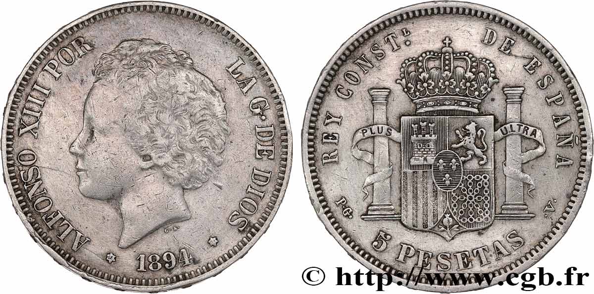 SPAIN 5 Pesetas Alphonse XIII 2e type 1894 Madrid VF/XF 