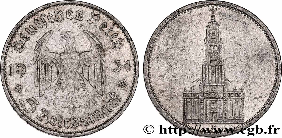 ALEMANIA 5 Reichsmark église de la garnison de Potsdam 1934 Berlin BC+ 