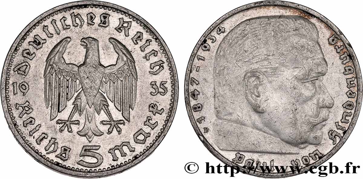 GERMANY 5 Reichsmark Maréchal Paul von Hindenburg 1935 Munich XF 