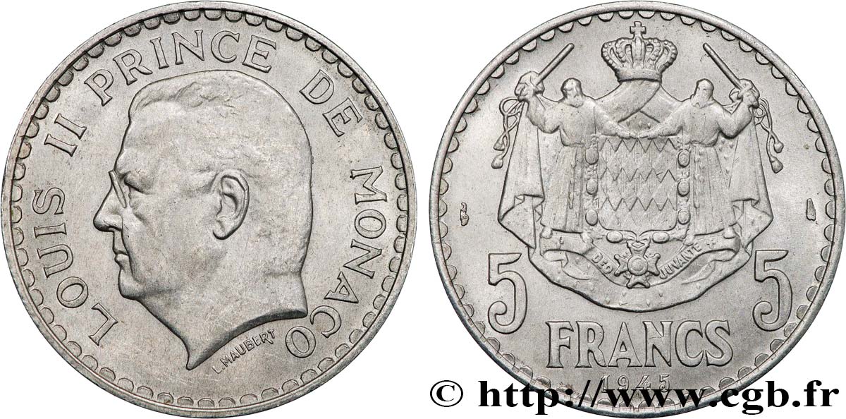 MONACO 5 Francs Louis II 1945 Paris SUP 