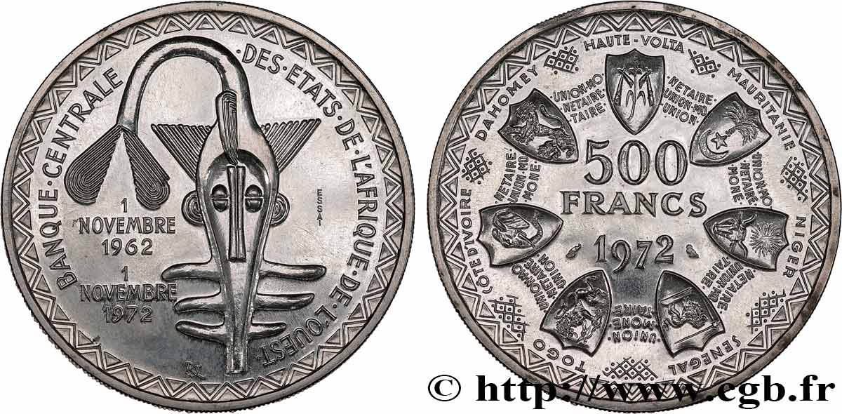 STATI DI L  AFRICA DE L  OVEST Essai 500 Francs 1972 Paris SPL 