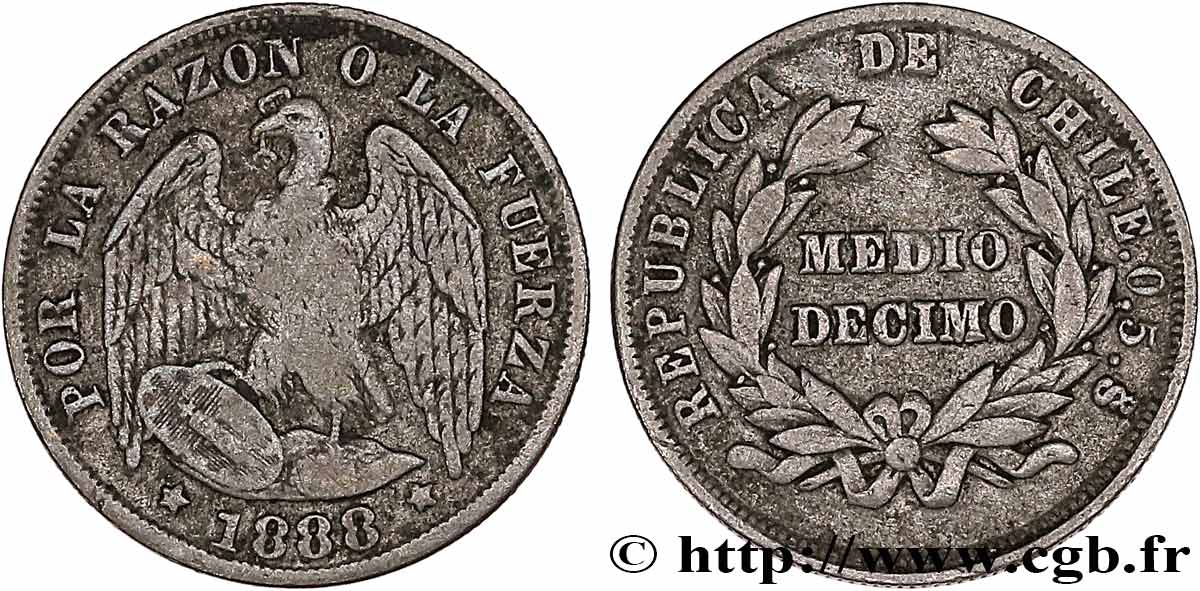 CHILE
 1/2 Decimo condor 1888 Santiago - S° BC+ 