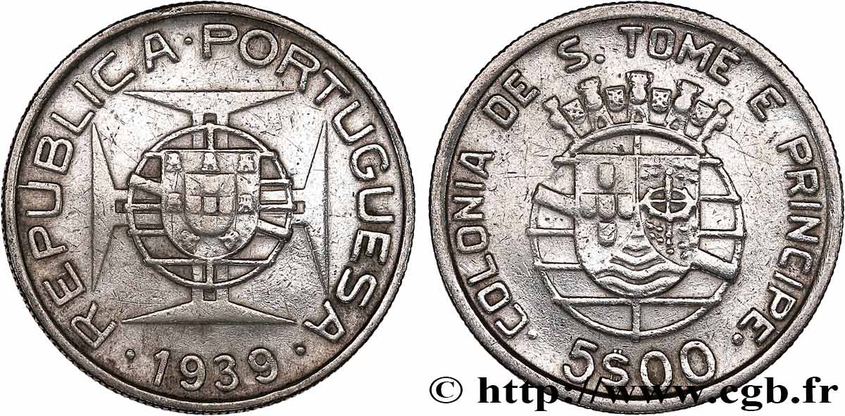 SAINT THOMAS et PRINCE 5 Escudos colonie portugaise 1939  TTB 
