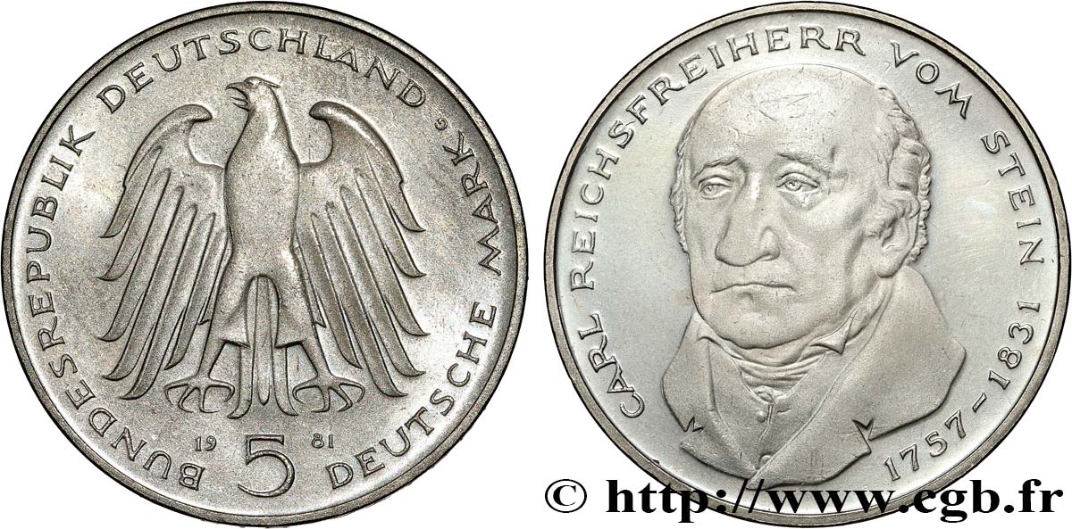 GERMANY 5 Mark Proof le baron Heinrich Friedrich Karl vom und zum Stein  1981 Karlsruhe MS 