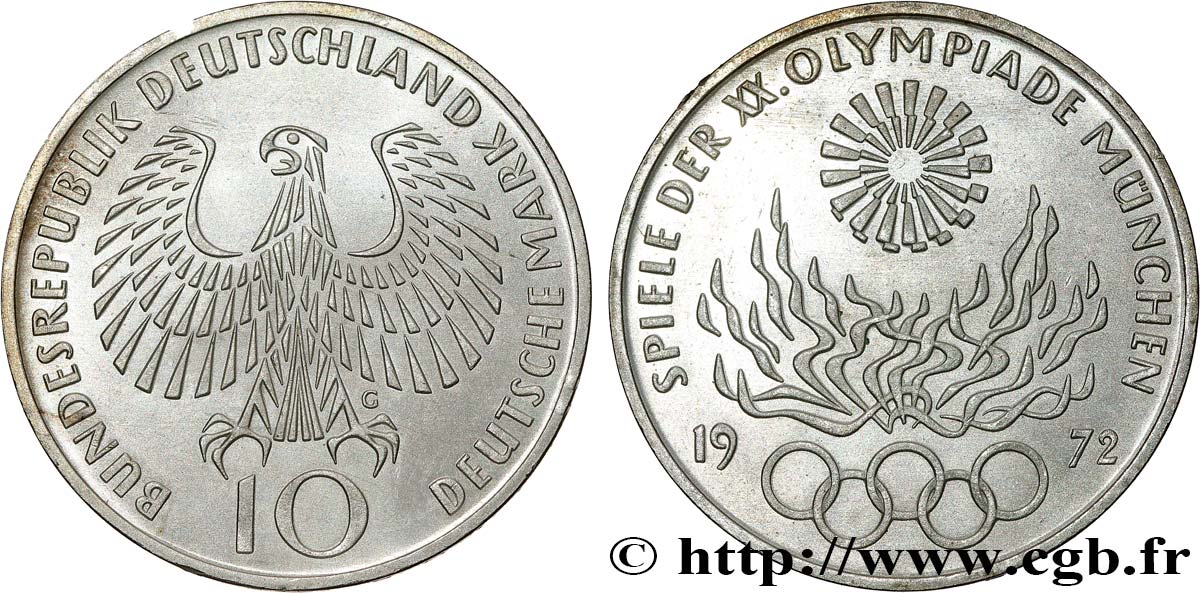 GERMANIA 10 Mark Proof XXe J.O. Munich - Flamme olympique 1972 Karlsruhe MS 