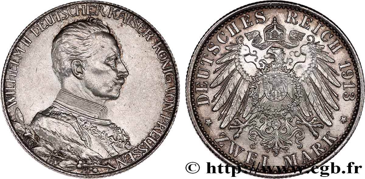 ALLEMAGNE - PRUSSE 2 Mark 25e anniversaire de règne de Guillaume II 1913 Berlin SPL 