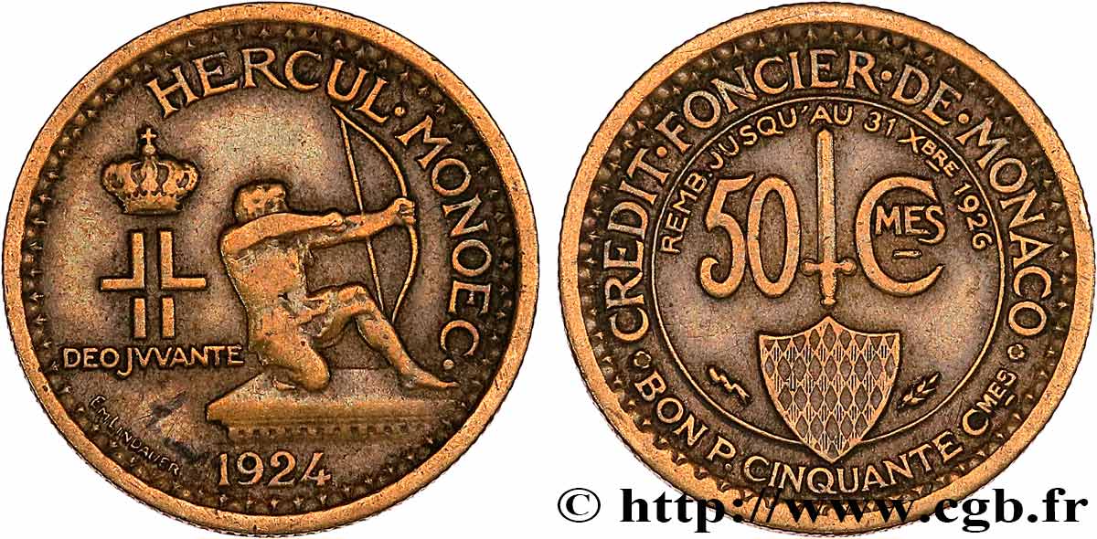 MONACO 50 Centimes émission du Crédit Foncier de Monaco 1924 Poissy TTB 