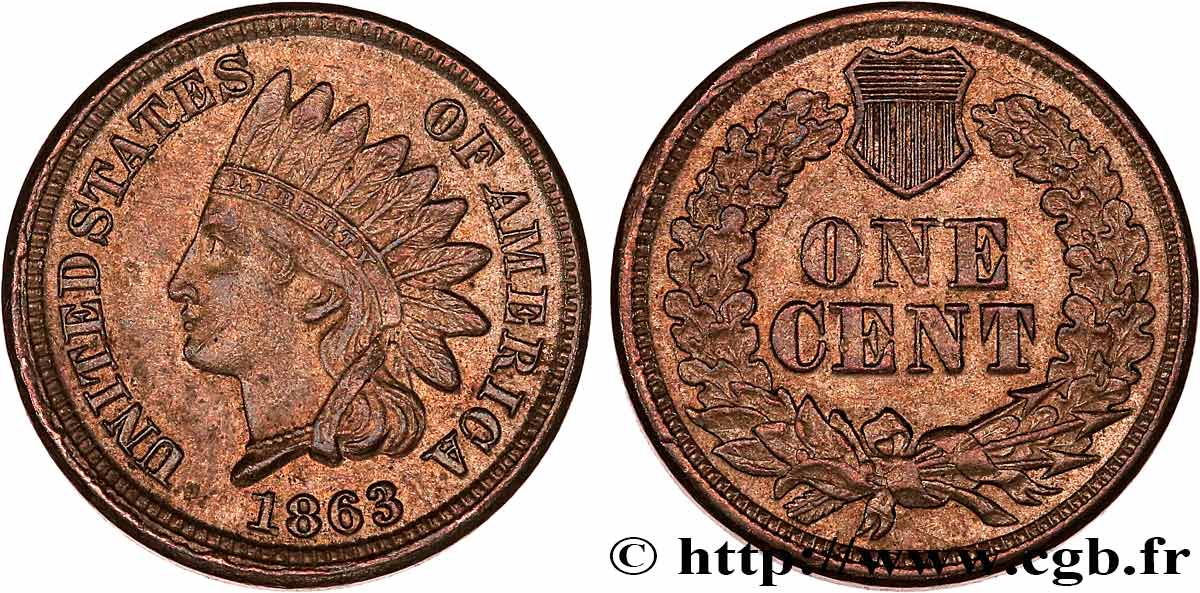 STATI UNITI D AMERICA 1 Cent tête d’indien 2e type 1863 Philadelphie SPL 