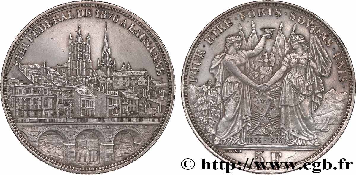 SWITZERLAND 5 Francs, monnaie de Tir, Lausanne 1876  XF 