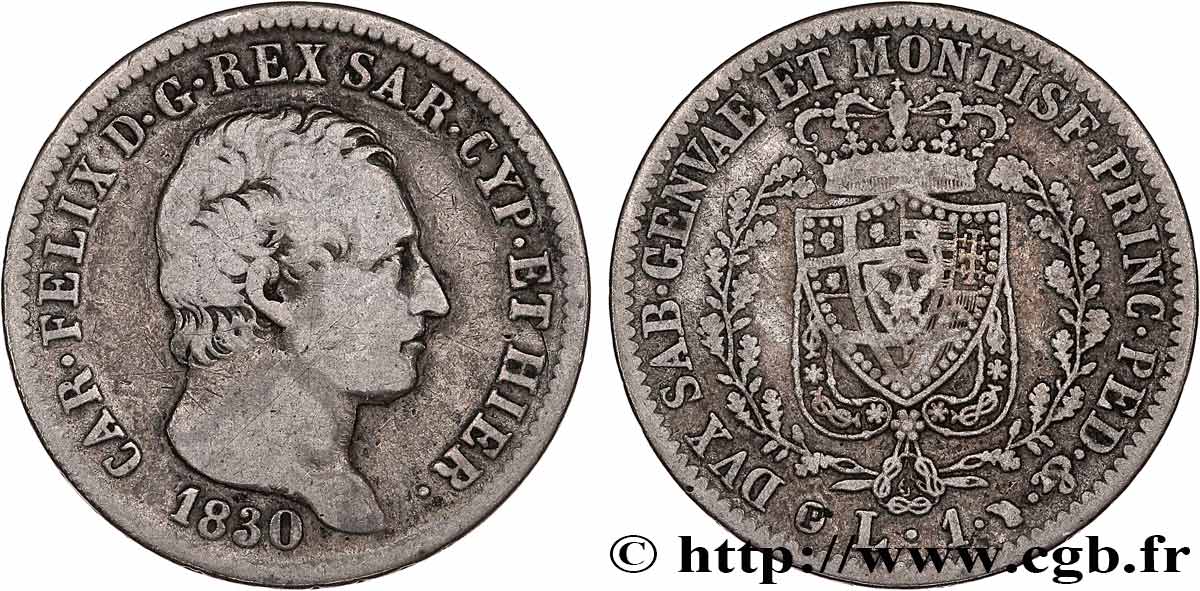 ITALY - KINGDOM OF SARDINIA 1 Lira Charles Félix 1830 Turin VF 