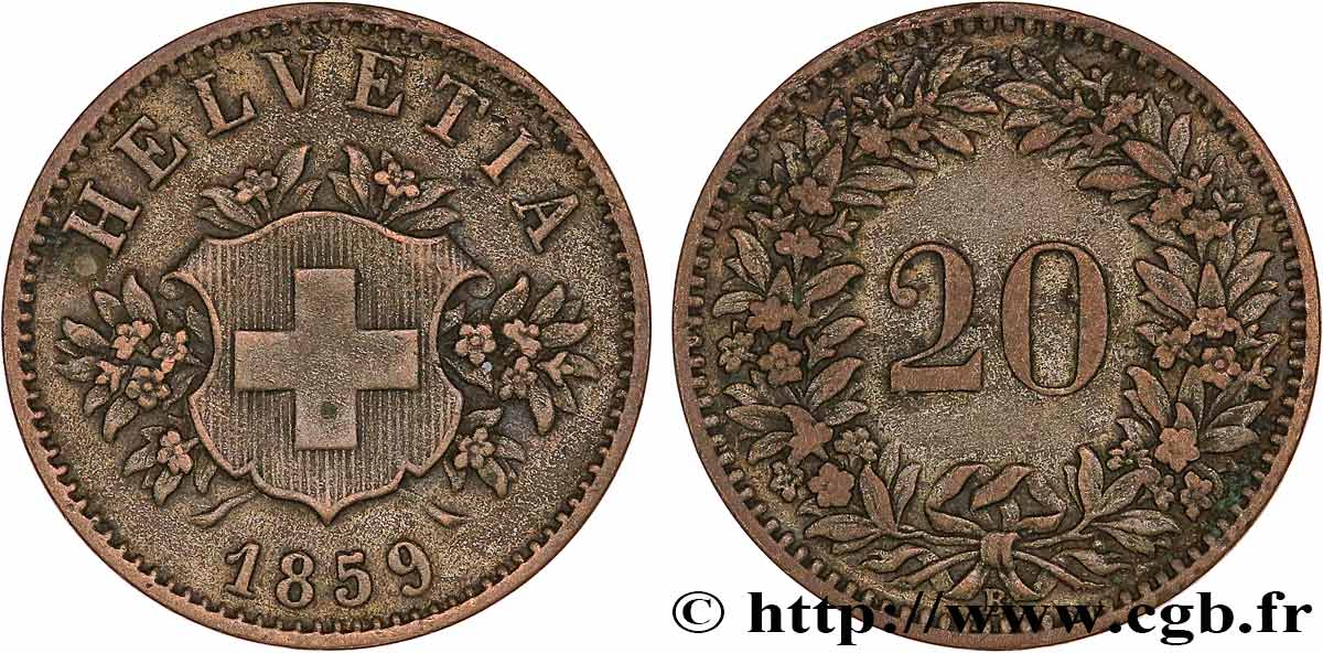 SWITZERLAND 20 Centimes (Rappen) croix suisse 1859 Berne - B XF 