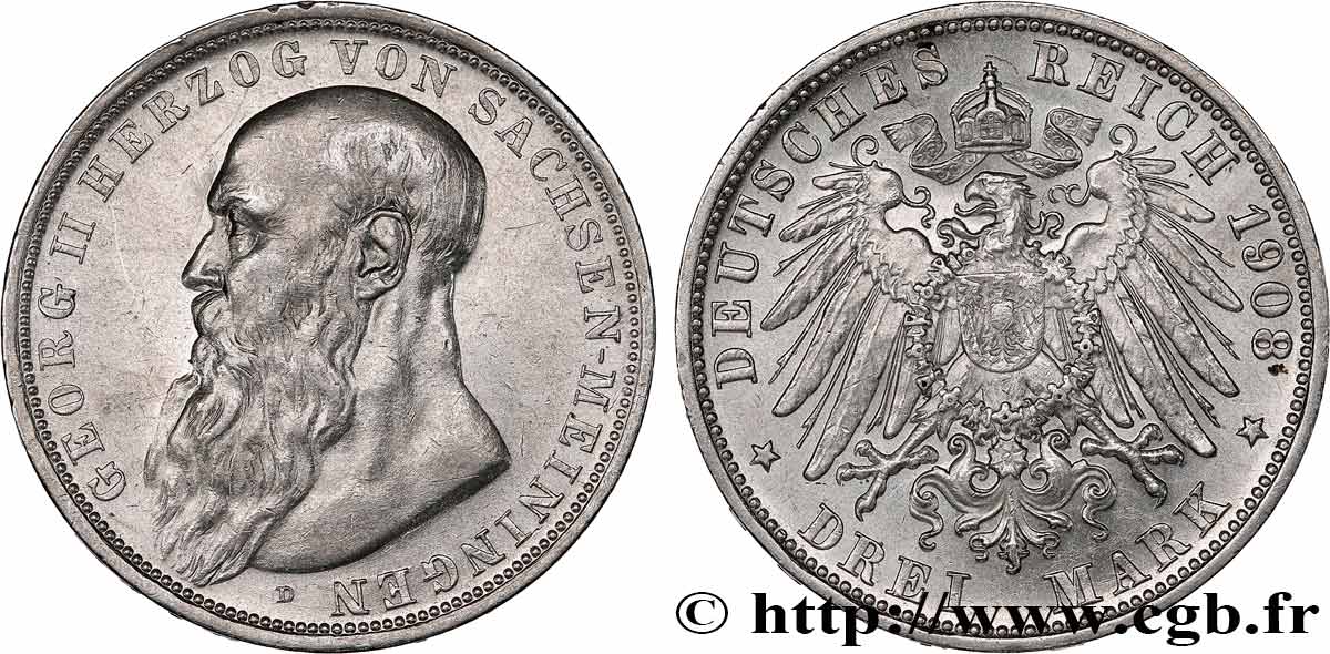 GERMANY - DUCHY OF SAXE-MEININGEN - GEORGE II 3 Mark  1908 Munich VF 