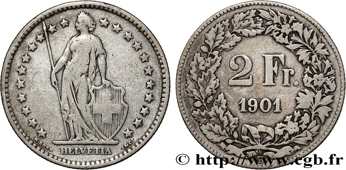 SUISSE 2 Francs Helvetia 1901 Berne - B TB 