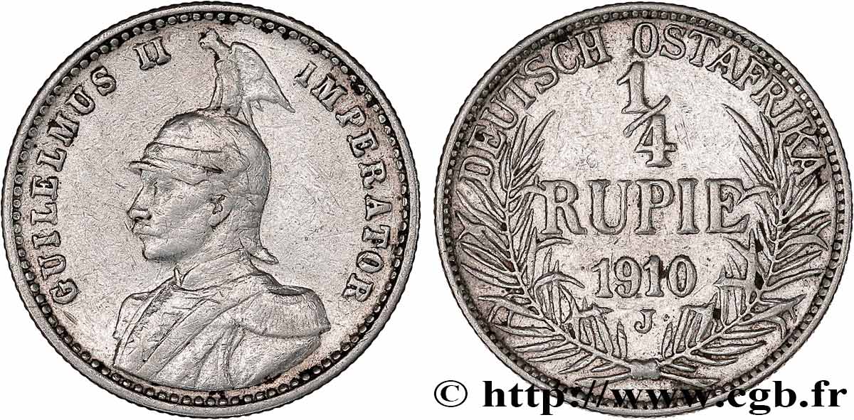 GERMAN EAST AFRICA 1/4 Rupie (Roupie) Guillaume II 1910 Hambourg XF 