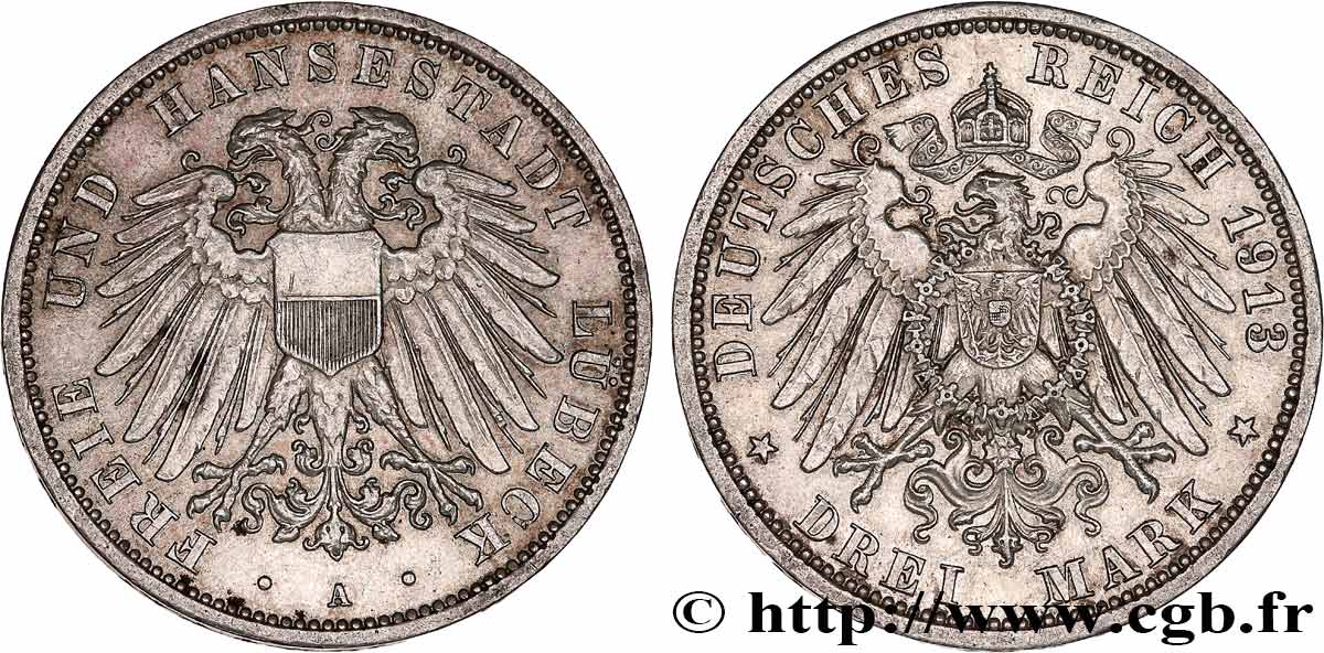 GERMANIA - LIBERA CITTA DE LUBECCA 3 Mark armes de la ville 1913 Berlin q.SPL 