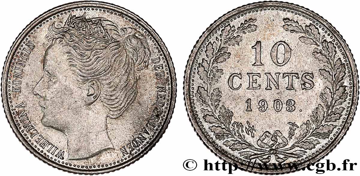 NETHERLANDS 10 Cents Reine Wilhelmine 1903 Utrecht AU 
