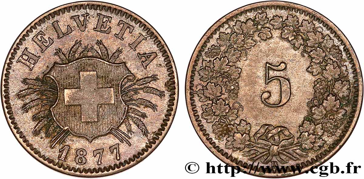 SUISSE 5 Centimes (Rappen) croix suisse 1877 Berne - B SUP 