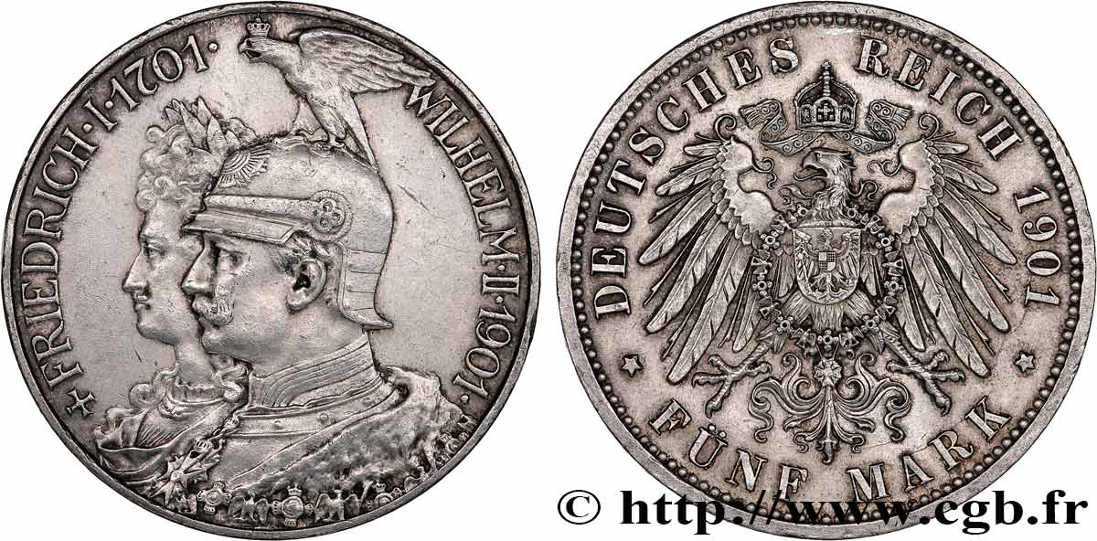 GERMANY - KINGDOM OF PRUSSIA - WILLIAM II 5 mark, bicentenaire du royaume de Prusse 1901 Berlin AU 