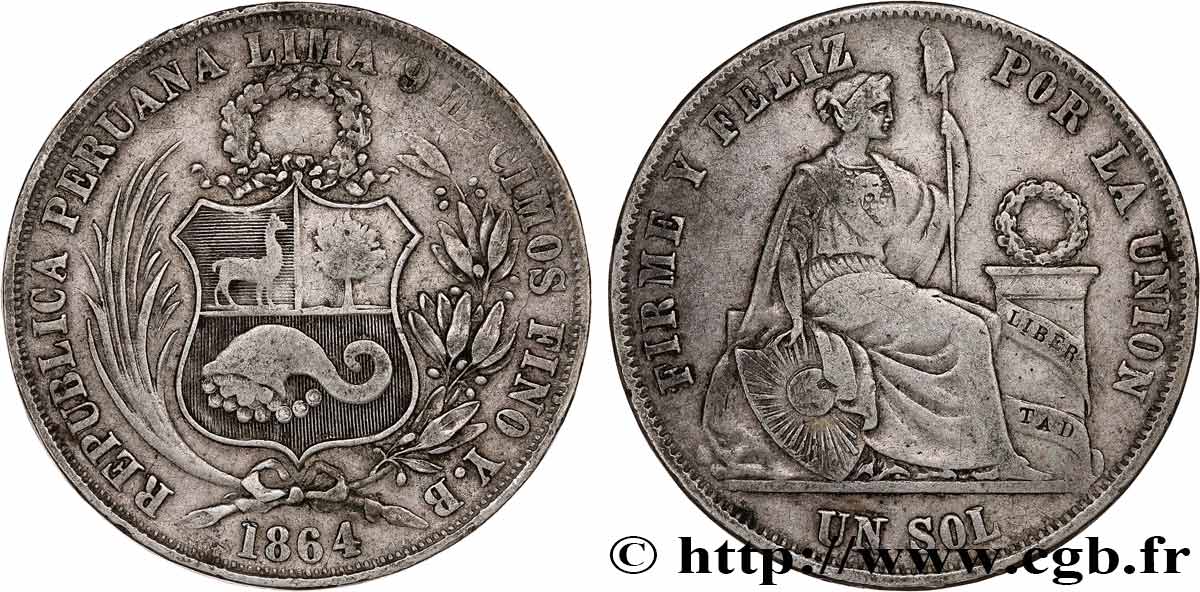 PERú 1 Sol “Liberté” assise 1864 Lima BC+ 
