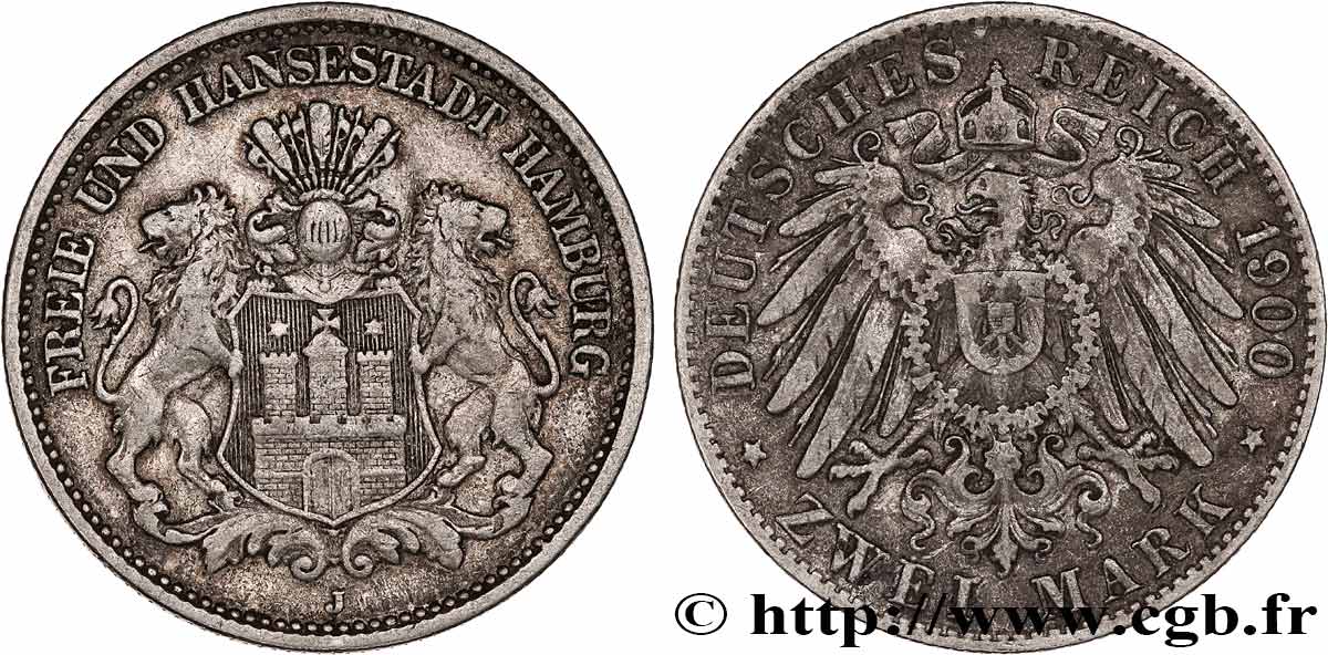 GERMANY - FREE CITY OF HAMBURG 2 Mark 1900 Hambourg XF 