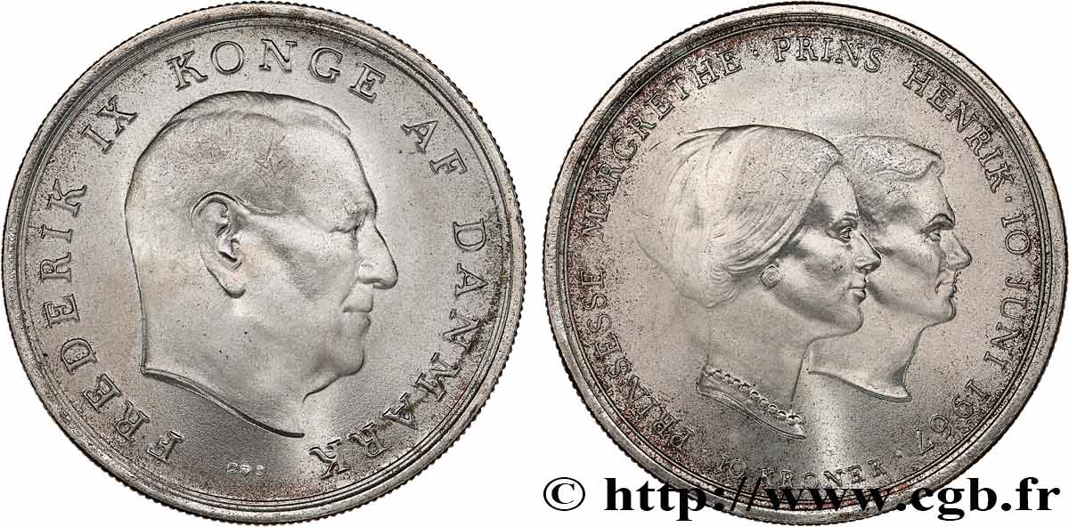 DANEMARK 10 Kroner mariage de la princesse Margrethe 1967 Copenhague SUP 
