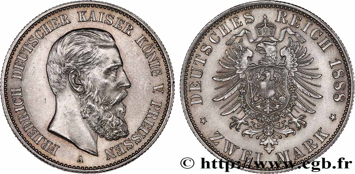 GERMANY - KINGDOM OF PRUSSIA - FREDERICK III 2 Mark 1888 Berlin MS 
