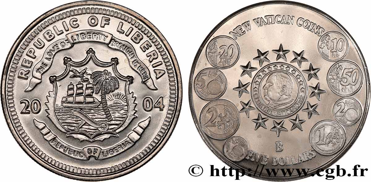 LIBERIA 5 Dollars armes / nouvelles monnaies du Vatican 2004  MS 
